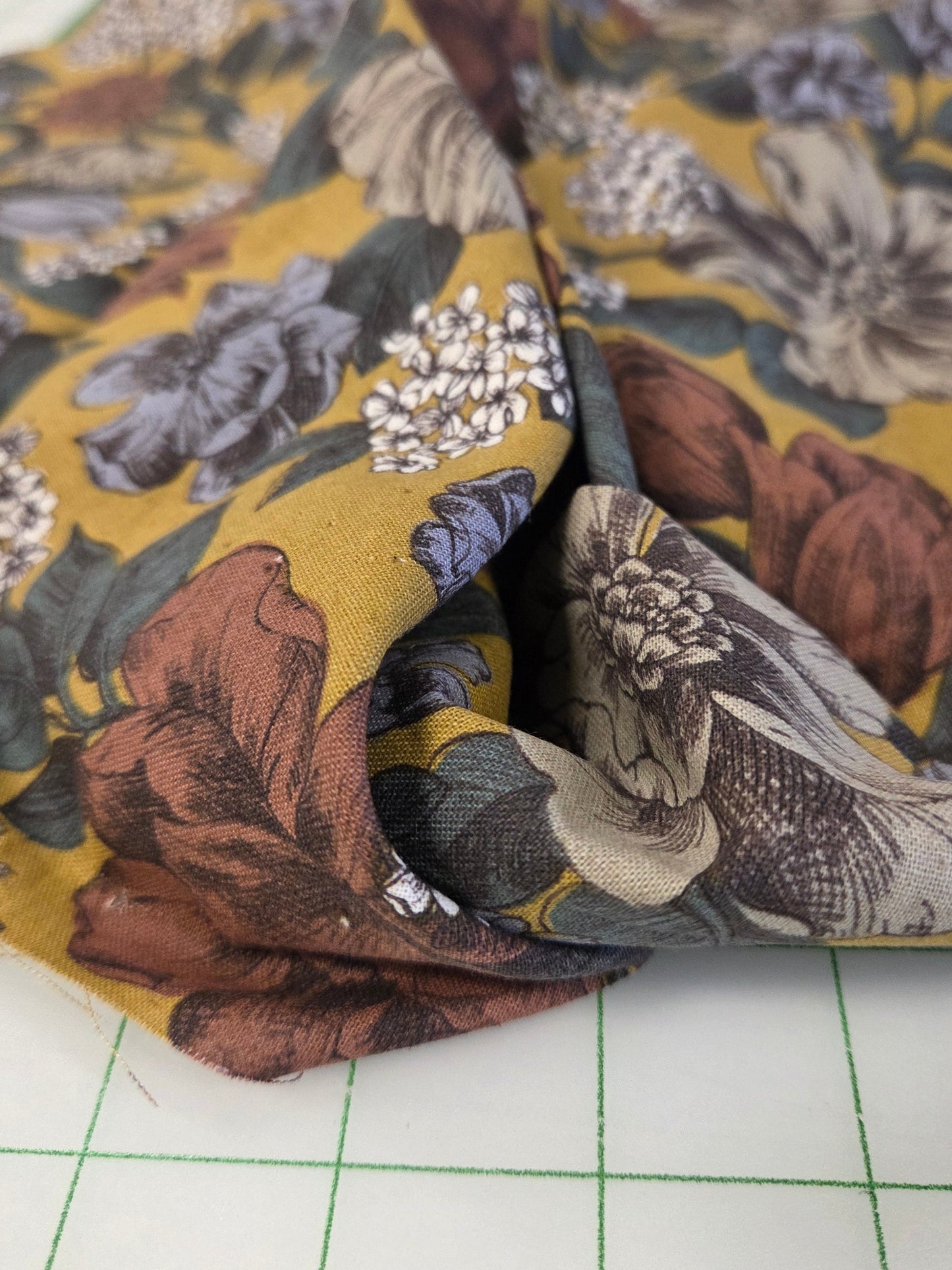 Japan Fabrics: Kokka Cotton Linen Garden Mustard Yellow Floral Woven-by the yard