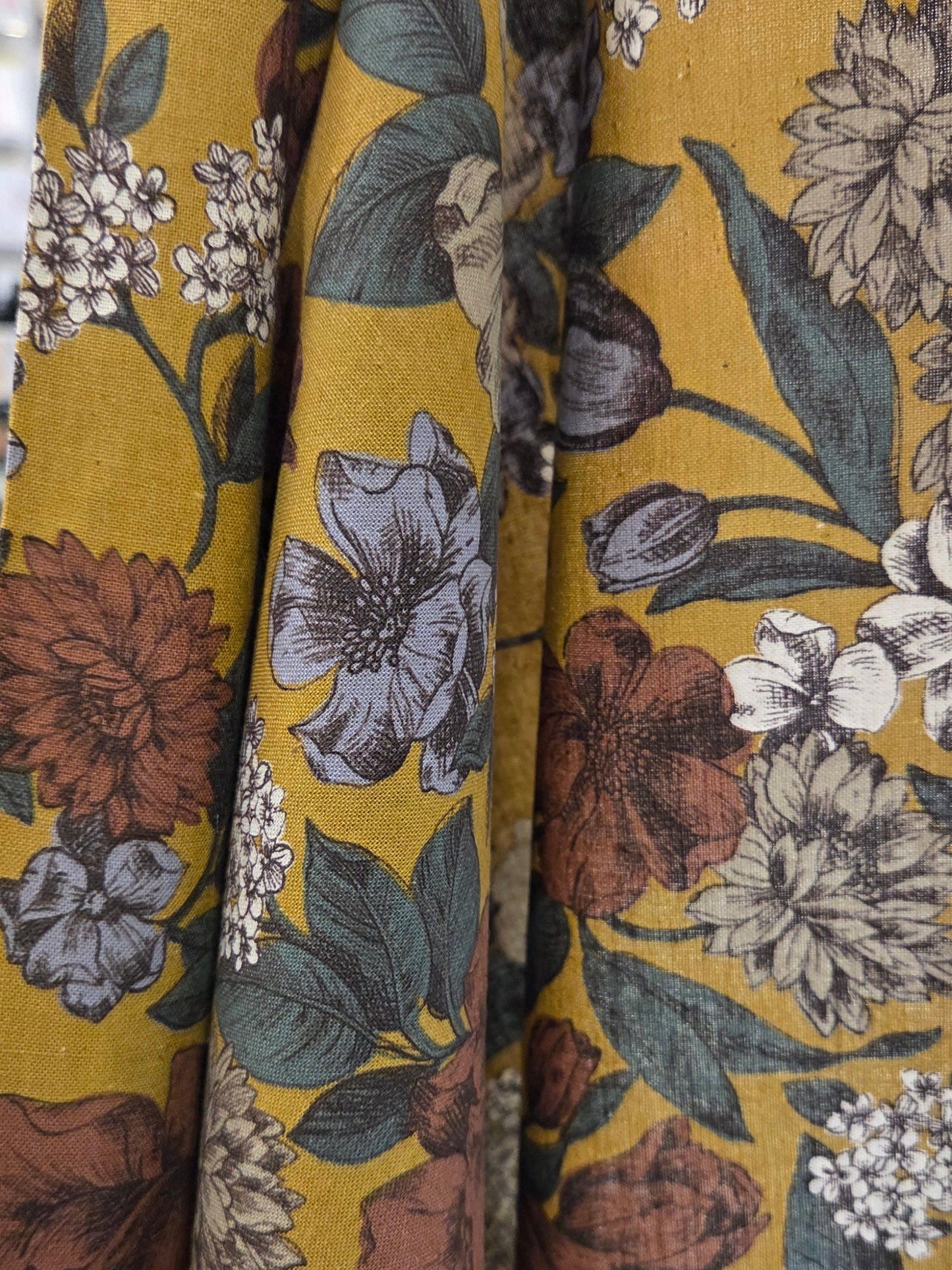 Japan Fabrics: Kokka Cotton Linen Garden Mustard Yellow Floral Woven-by the yard