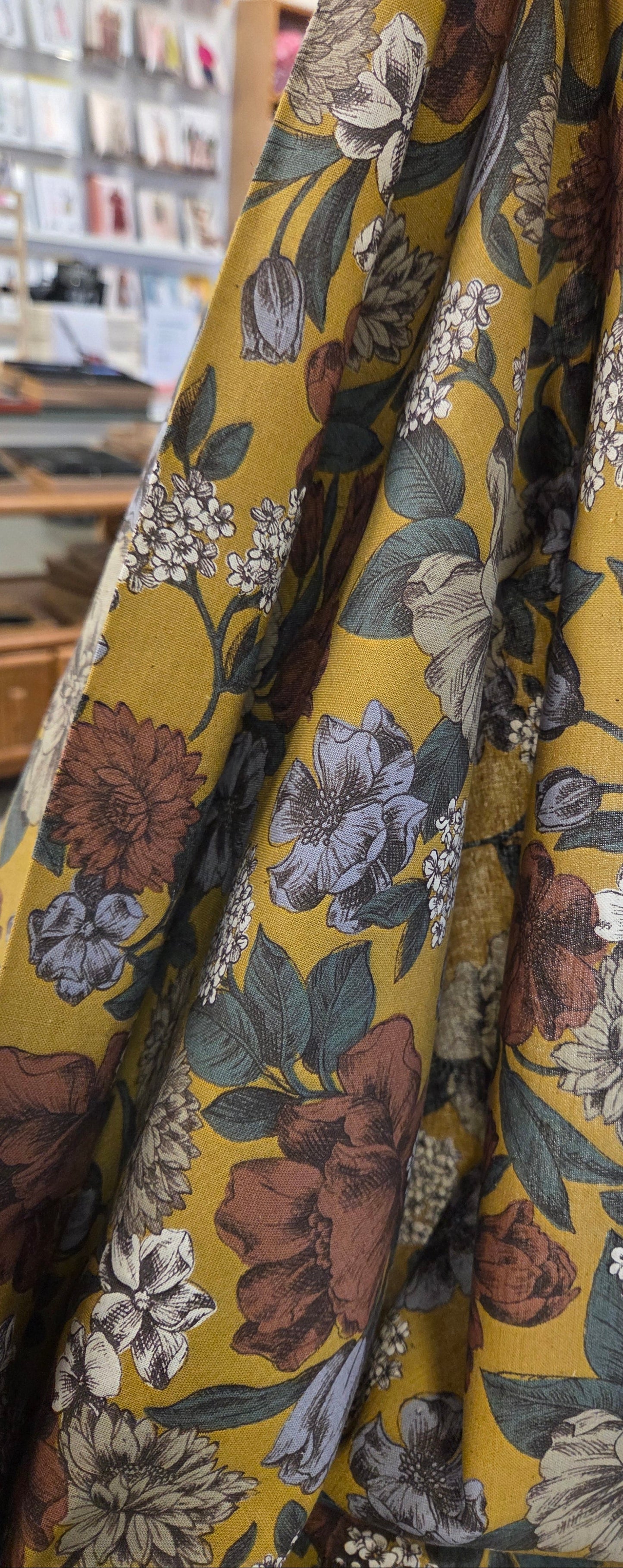 Japan Fabrics: Kokka Cotton Linen Garden Mustard Yellow Floral Woven-by the yard