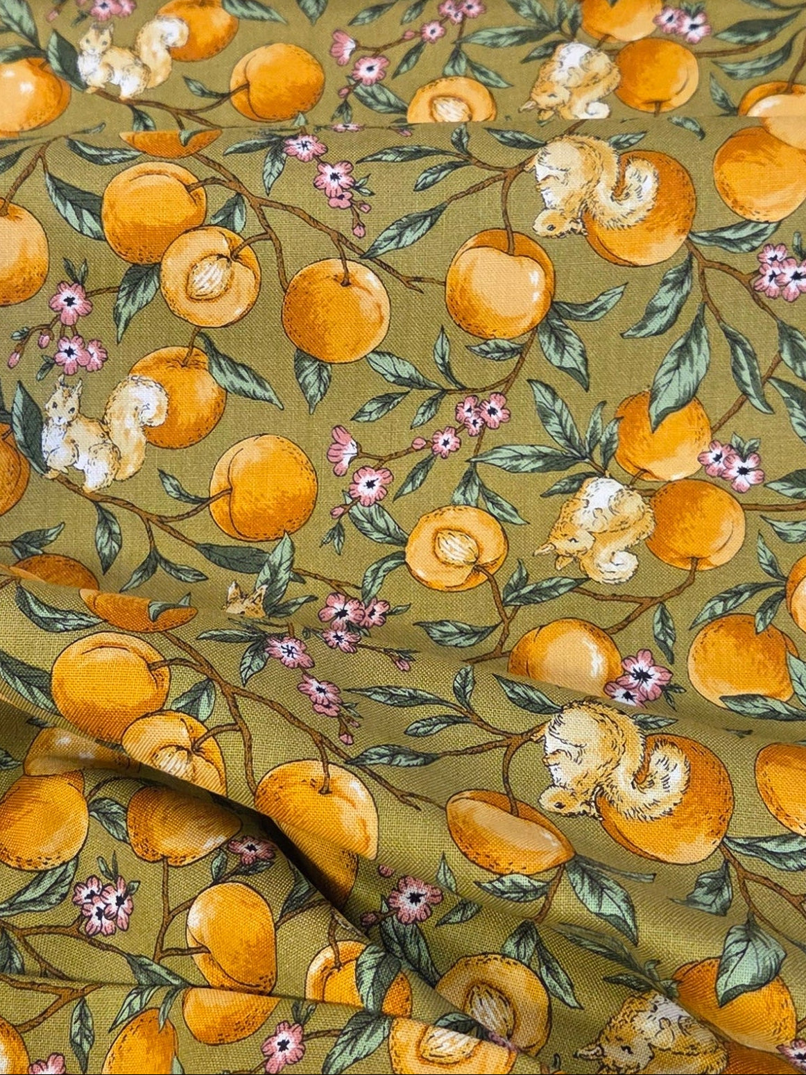 Japan Fabrics: Cosmo Textiles Apricots and Squirrels Cotton Sheeting Woven- by the yard
