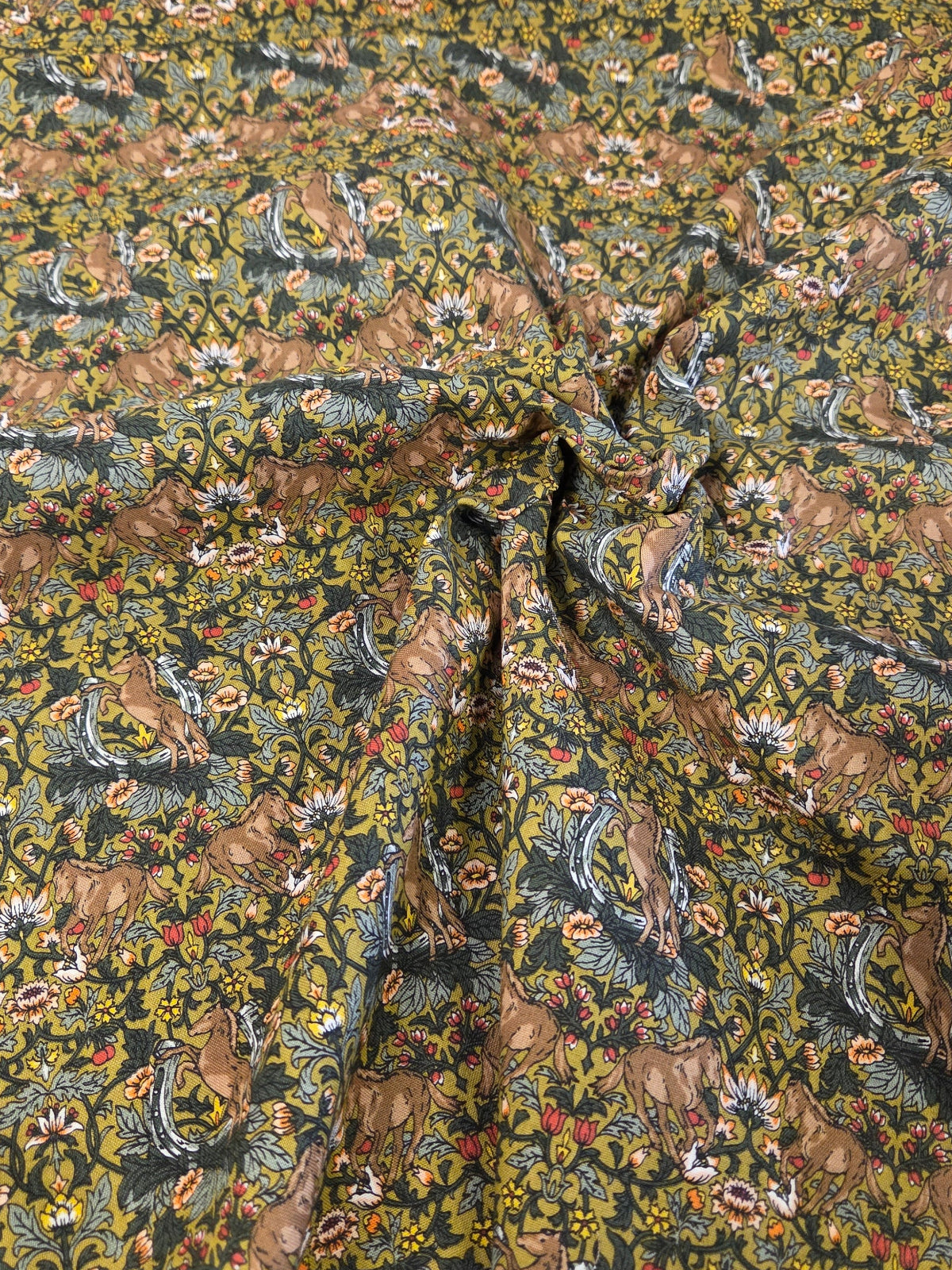 Japan Fabrics: Cosmo Textiles  Botanical Florals with Horses Cotton Sheeting Woven- by the yard