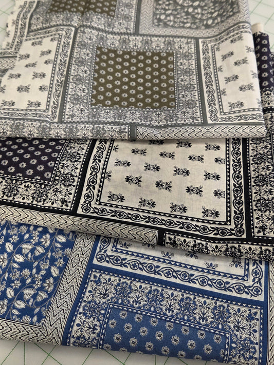 Japan Fabric: Hokkoh Bandana Tile Cotton Print Blue and Cream 2.1oz Cotton Lawn- by the yard