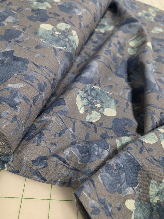 Japan Fabric: Floral Watercolor Light Blue Cotton Linen Canvas Woven- by the yard