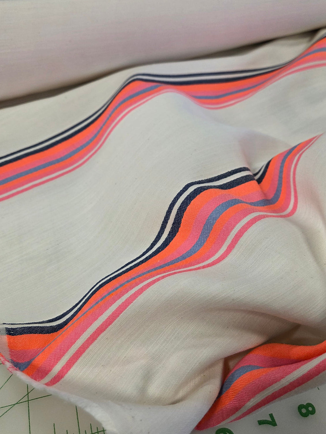 Designer Deadstock Horizontal  Neon Multi- Stripe Pink and Orange Cotton Linen Cream Soft Woven- by the yard