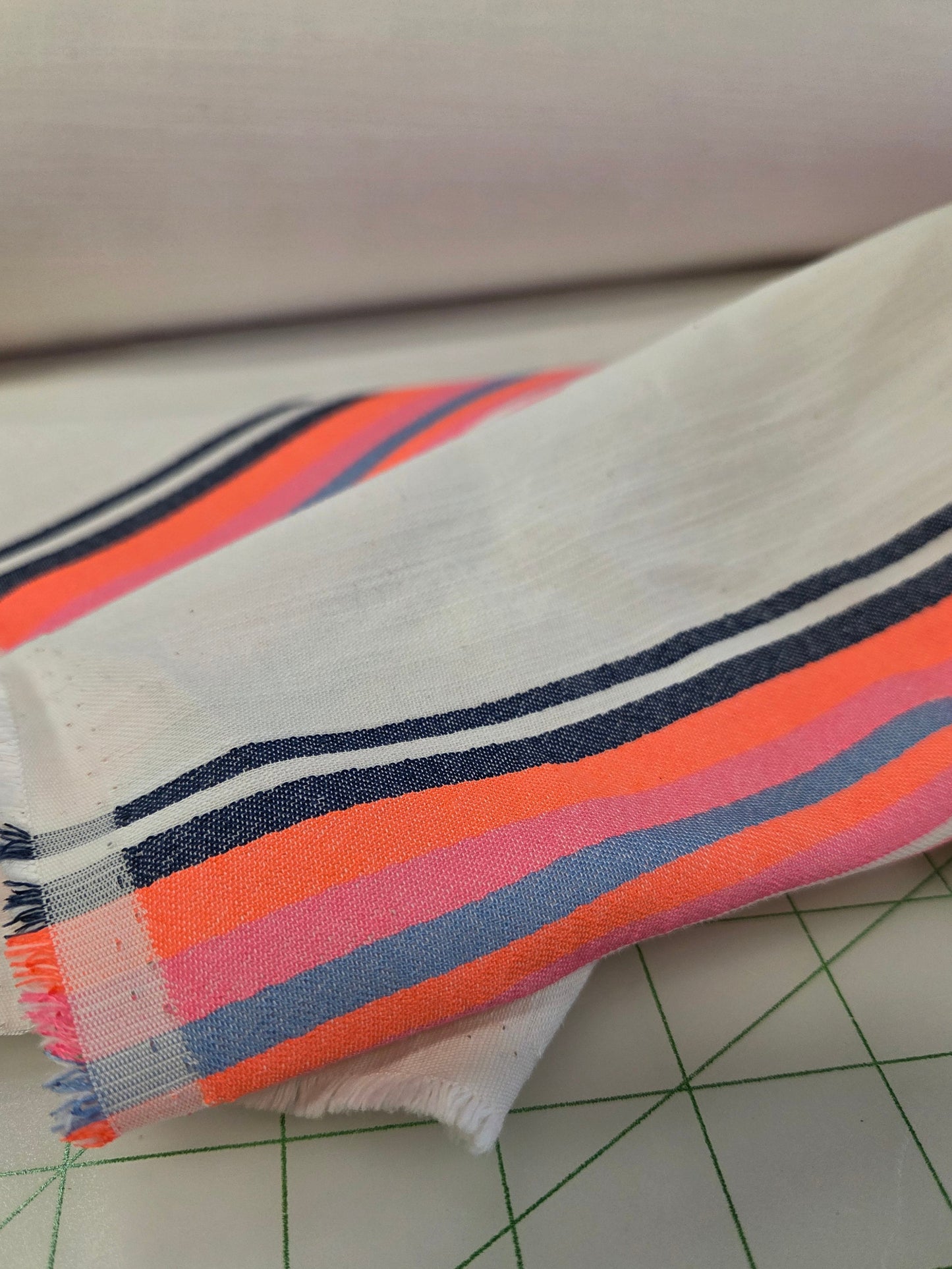 Designer Deadstock Horizontal  Neon Multi- Stripe Pink and Orange Cotton Linen Cream Soft Woven- by the yard