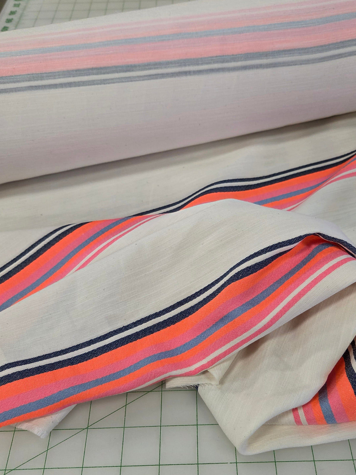 Designer Deadstock Horizontal  Neon Multi- Stripe Pink and Orange Cotton Linen Cream Soft Woven- by the yard