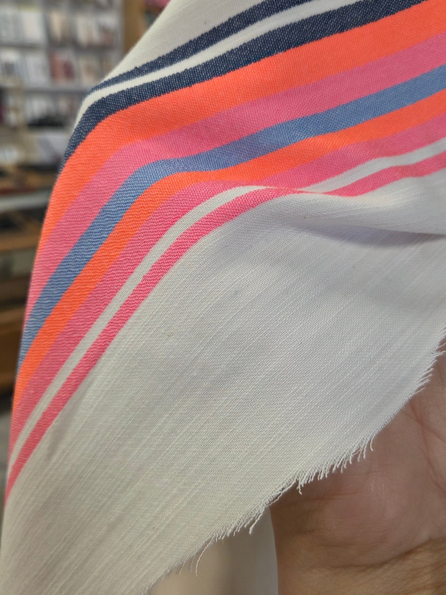 Designer Deadstock Horizontal  Neon Multi- Stripe Pink and Orange Cotton Linen Cream Soft Woven- by the yard