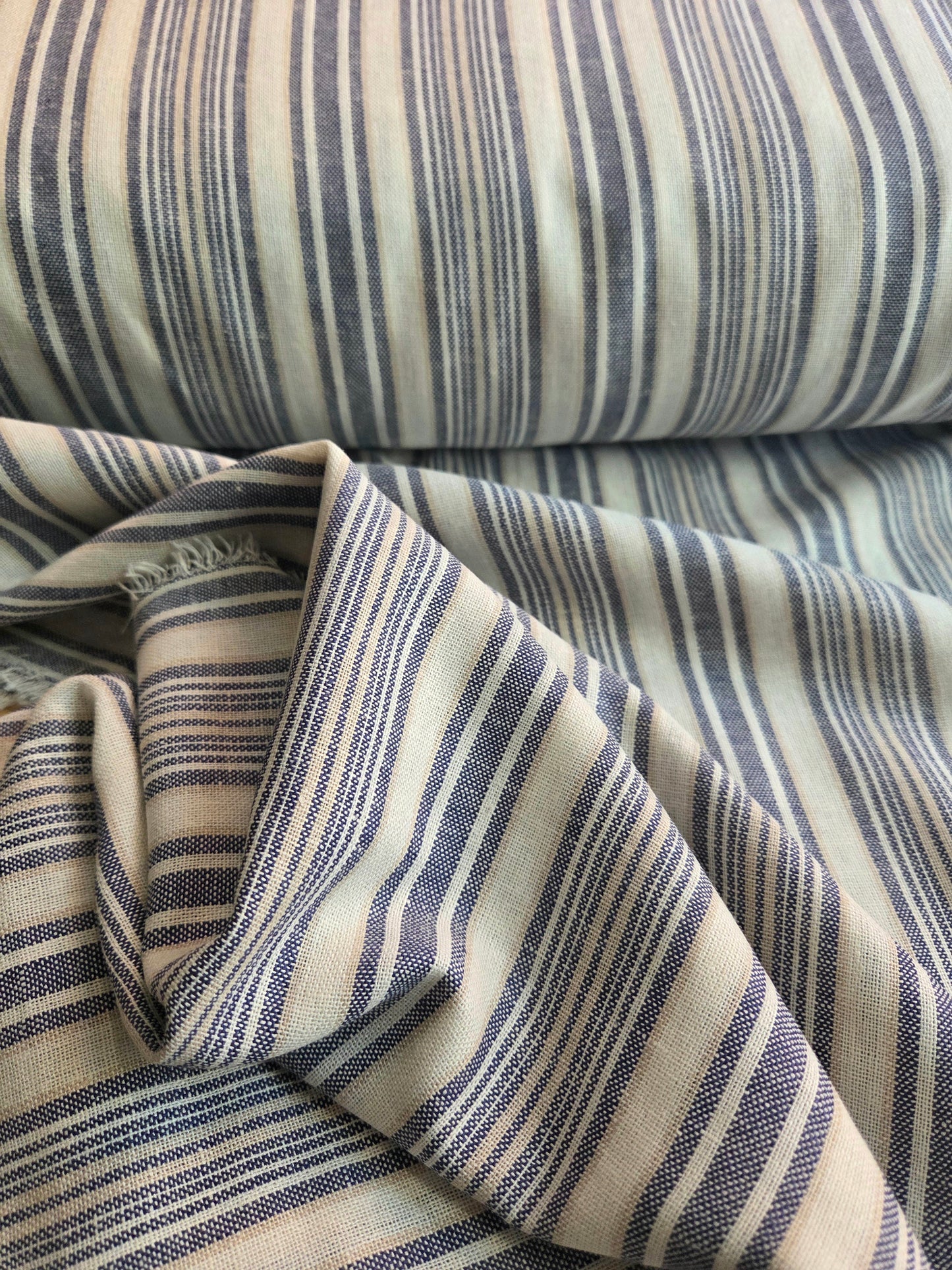 Designer Deadstock Linen Rayon Yarn Dyed Multi-Stripe Woven Tan and Indigo Woven- by the yard