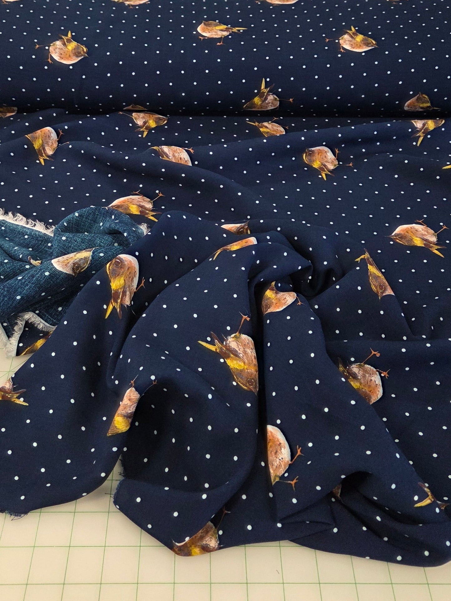 rayon challis woven dot and bird.