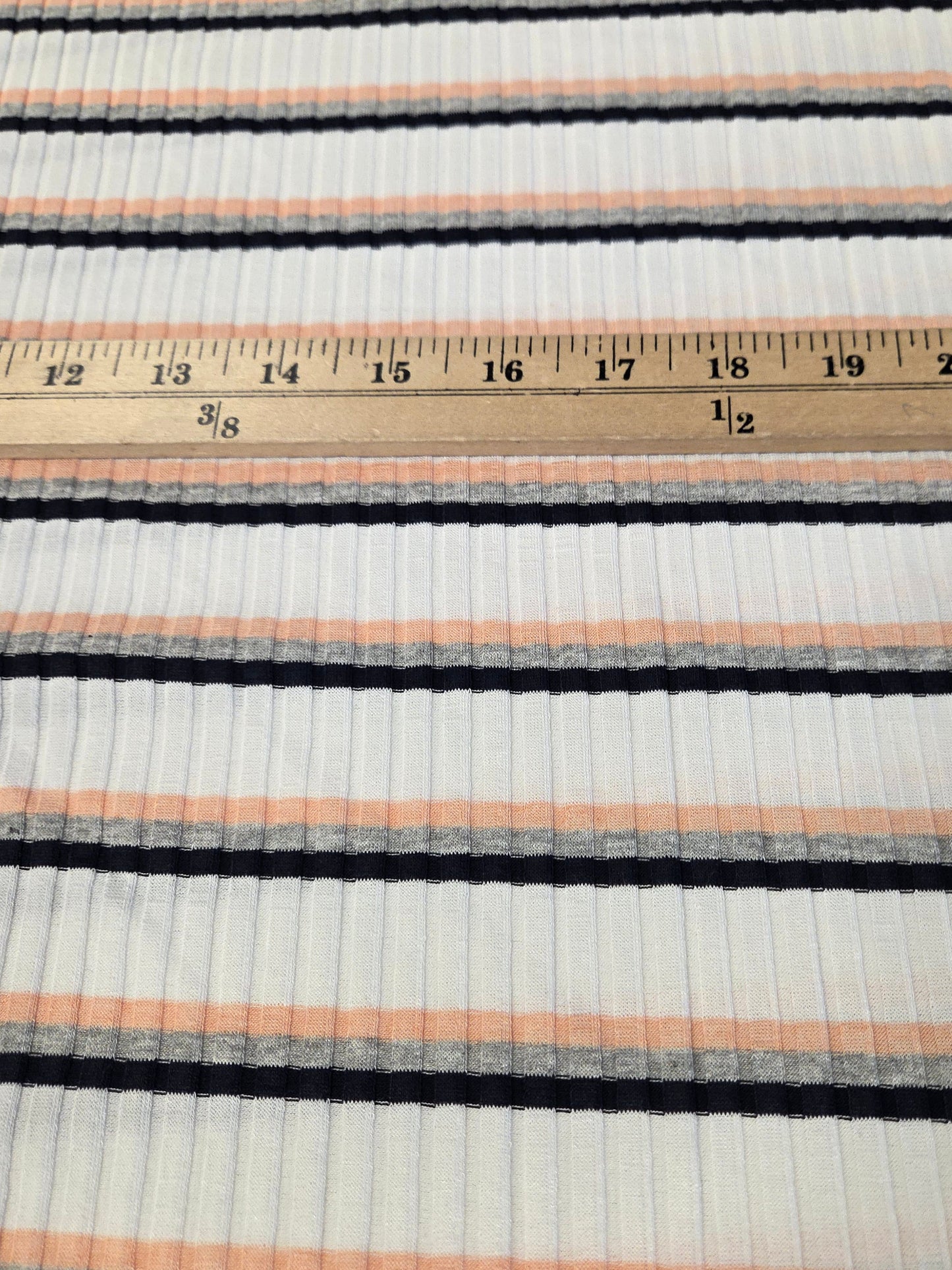 Designer Deadstock Poor Boy Stripe Peach and Navy Rib Knit- by the yard