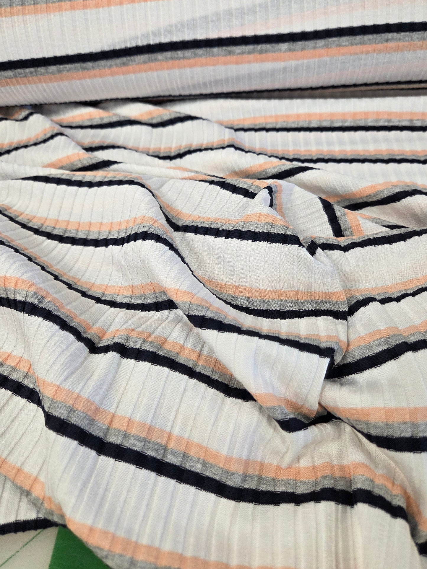 Designer Deadstock Poor Boy Stripe Peach and Navy Rib Knit- by the yard
