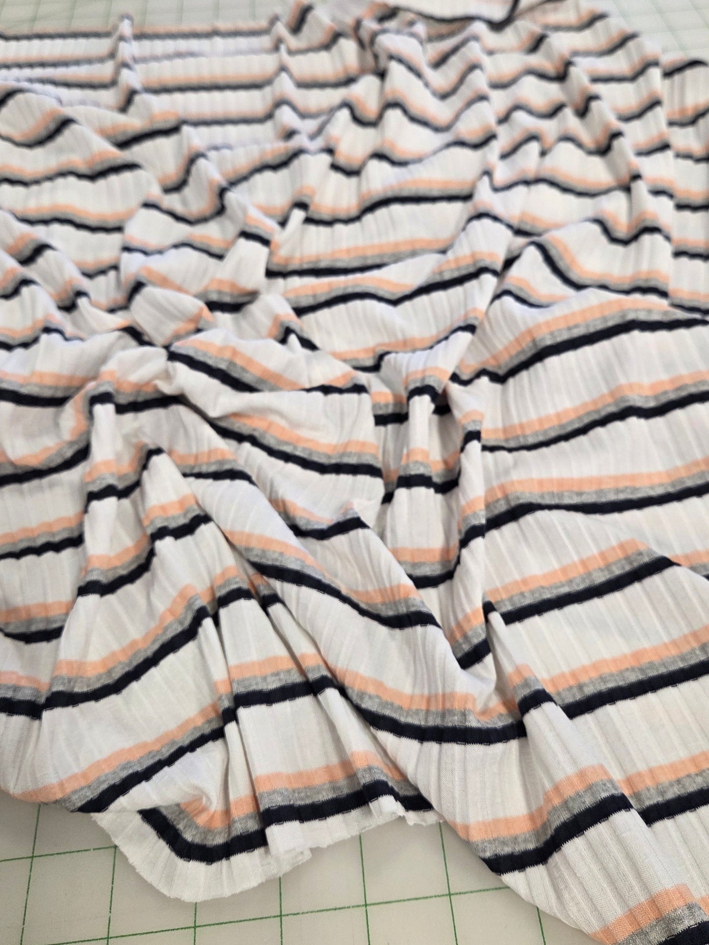 Designer Deadstock Poor Boy Stripe Peach and Navy Rib Knit- by the yard