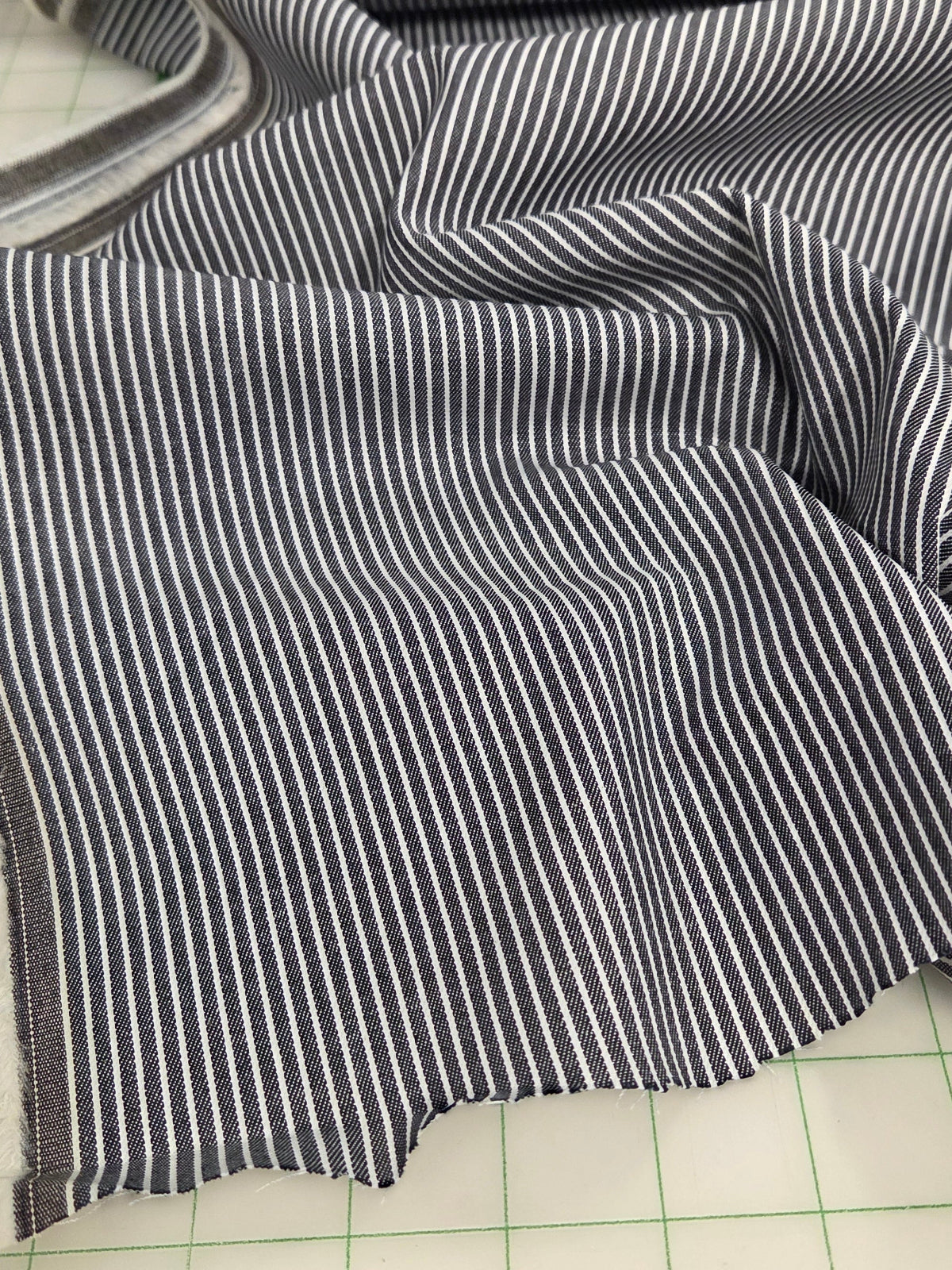 Designer Deadstock Brown Selvage Vertical Stripe Cotton Spandex Shirting Indigo and Ivory Twill Denim- by the yard