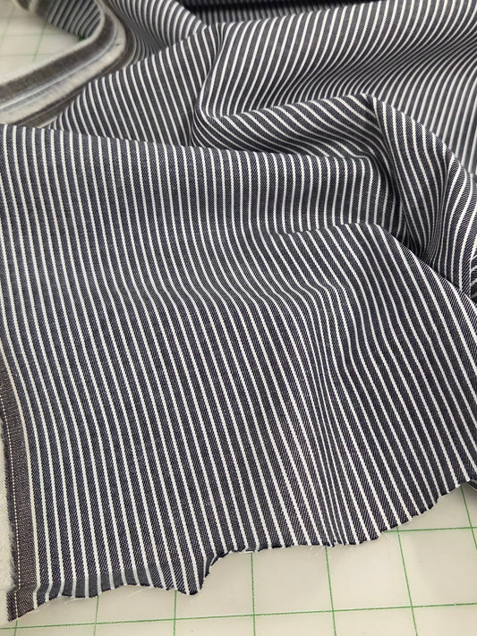 Designer Deadstock Brown Selvage Vertical Stripe Cotton Spandex Shirting Indigo and Ivory Twill Denim- by the yard