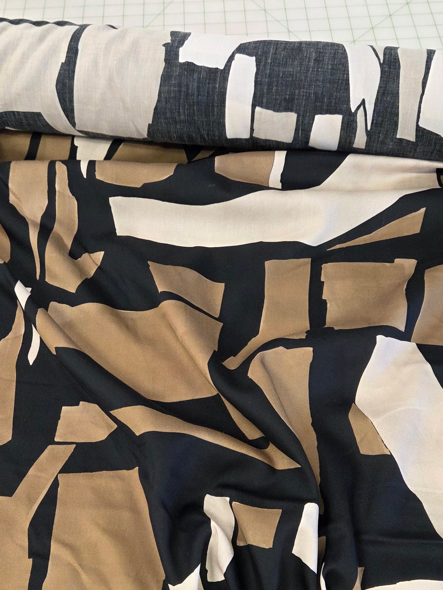 Designer Deadstock French Cotton Abstract Geo Black, Gold and Champagne Voile Woven- by the yard