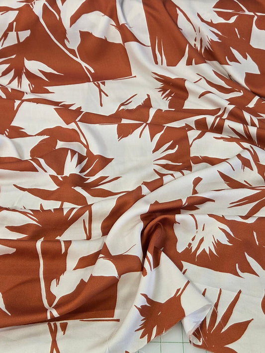 Designer Deadstock Viscose Satin Burnt Orange and Cream Tropical Birds of a Feather Foliage Woven-by the yard