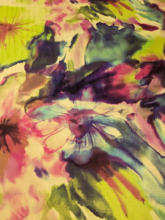 Designer Italian Deadstock Viscose Cream Satin Watercolor Large Scale Floral Purple and Lime Woven-by the yard