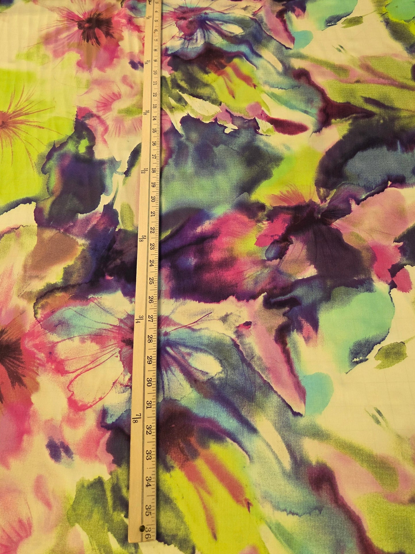 Designer Italian Deadstock Viscose Cream Satin Watercolor Large Scale Floral Purple and Lime Woven-by the yard