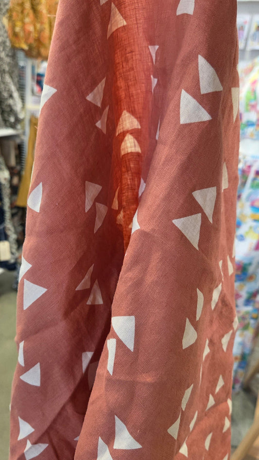 Designer Deadstock Coral Laundered Linen with Cream Geometric Printed Triangles Woven- by the yard