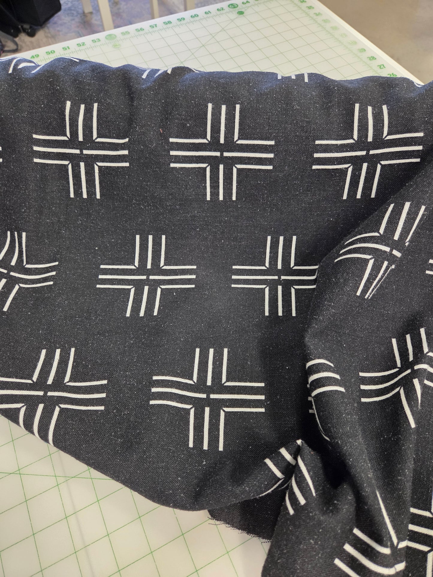 Designer Deadstock Cotton Linen Medium Opaque Black Textured Cross Grid Woven- by the yard