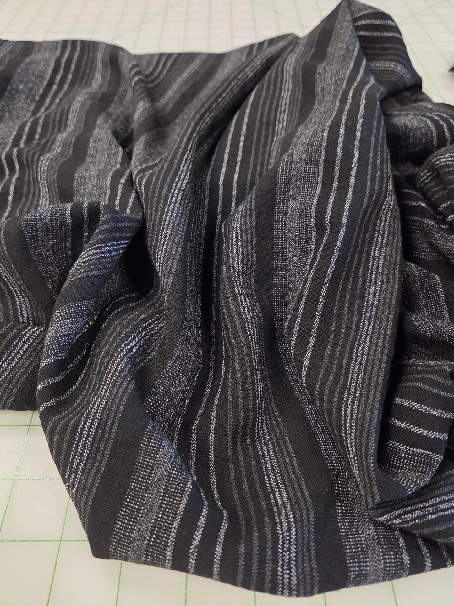 Designer Italian Deadstock Soft  Rayon Linen Multi-Stripe Ivory and Black Woven- by the yard