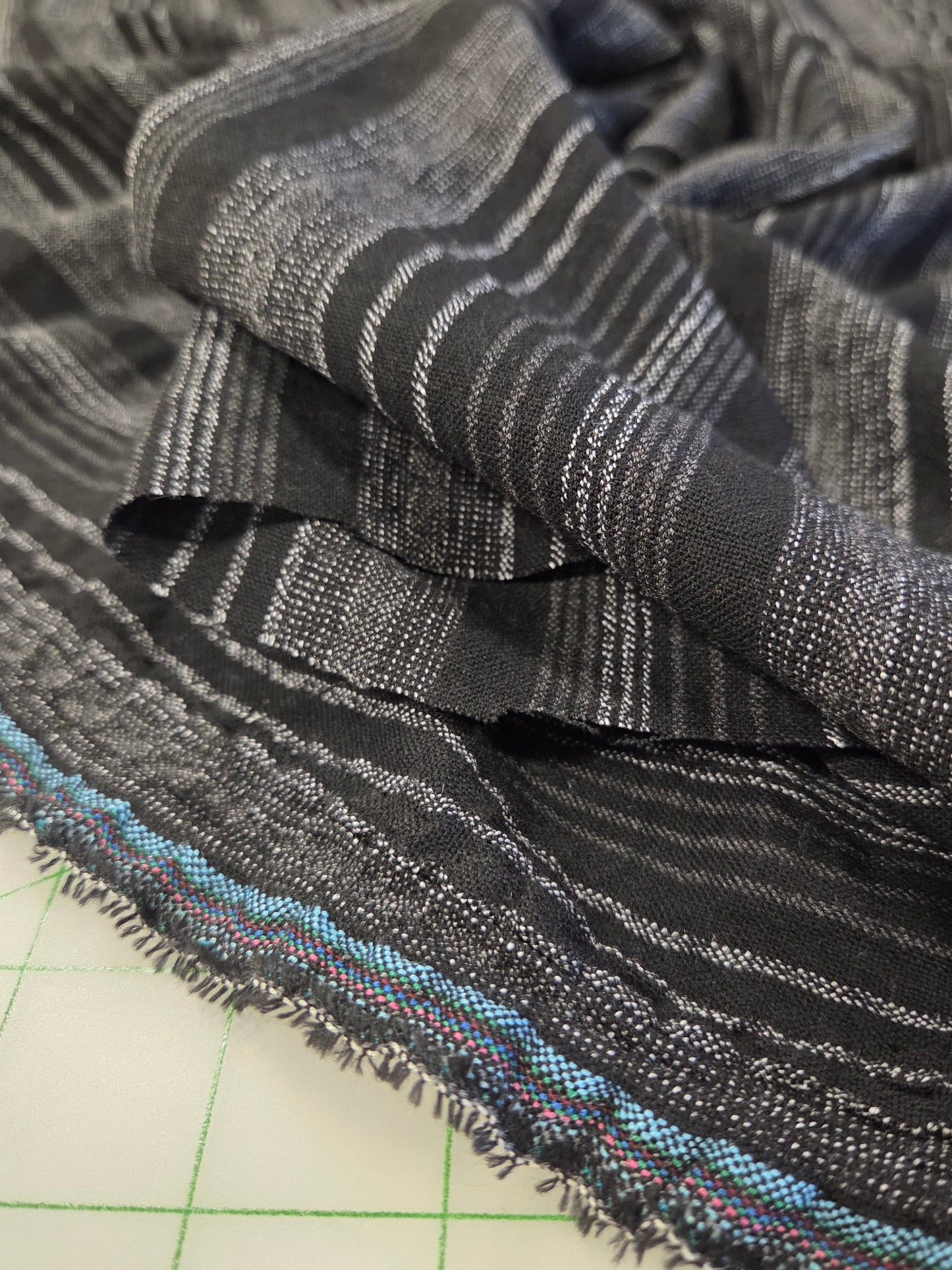 Designer Italian Deadstock Soft  Rayon Linen Multi-Stripe Ivory and Black Woven- by the yard