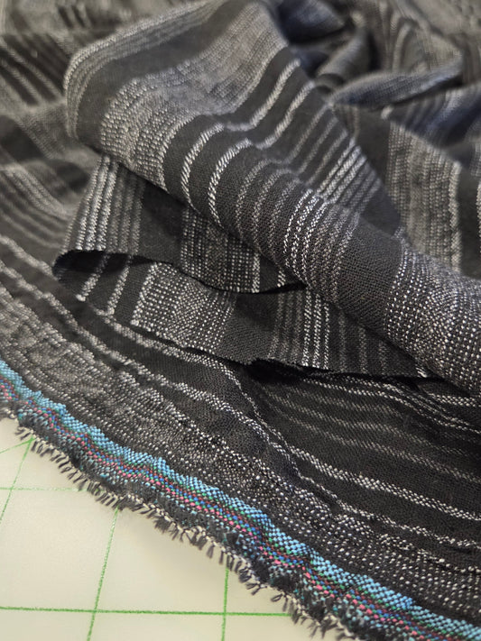 Designer Italian Deadstock Soft  Rayon Cotton Linen Multi-Stripe Ivory and Black Woven- by the yard
