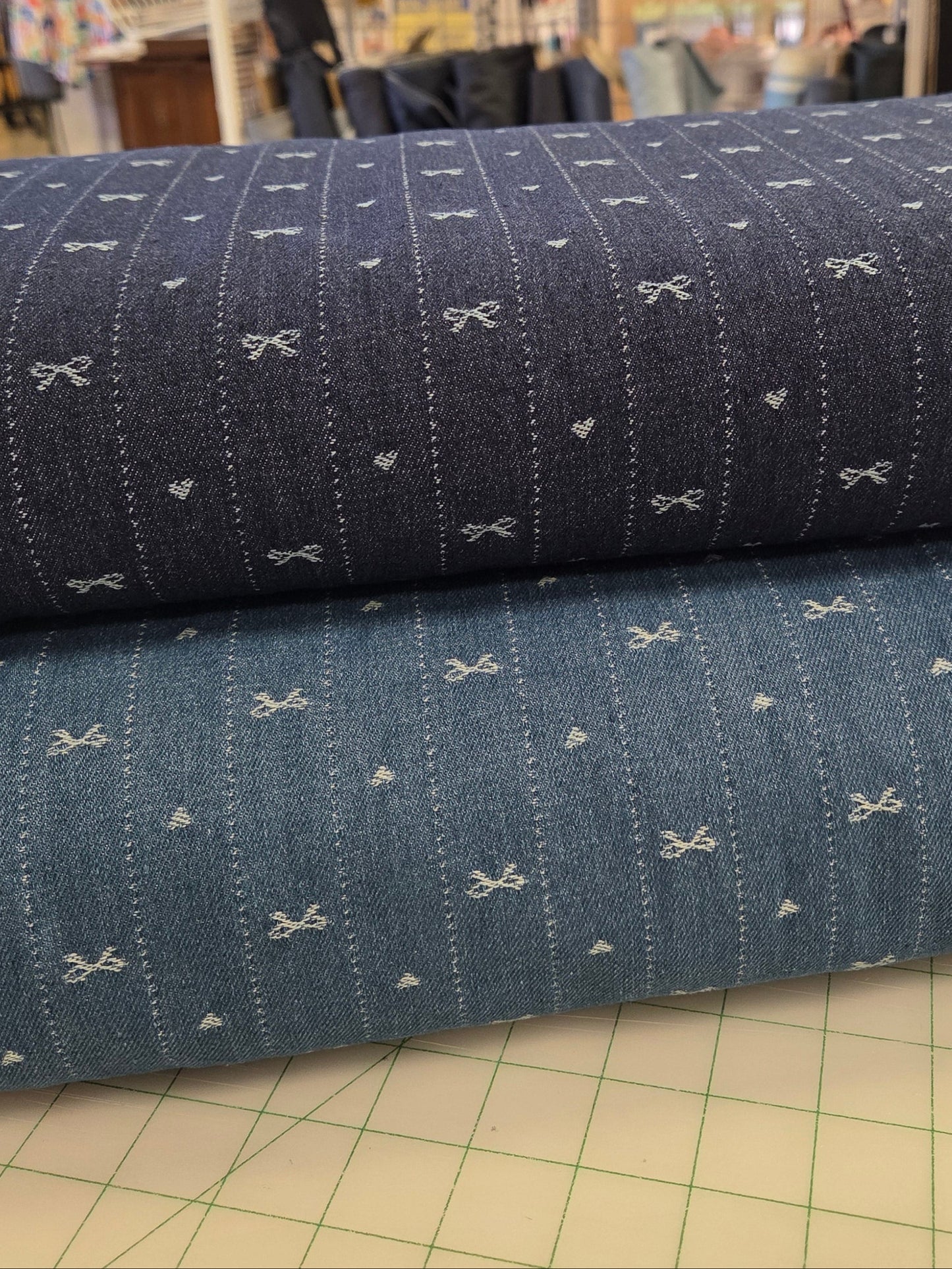 Jacquard Medium Blue Denim Cotton Blend Micro Stripes with Bows and Hearts Woven 10.18oz- by the yard