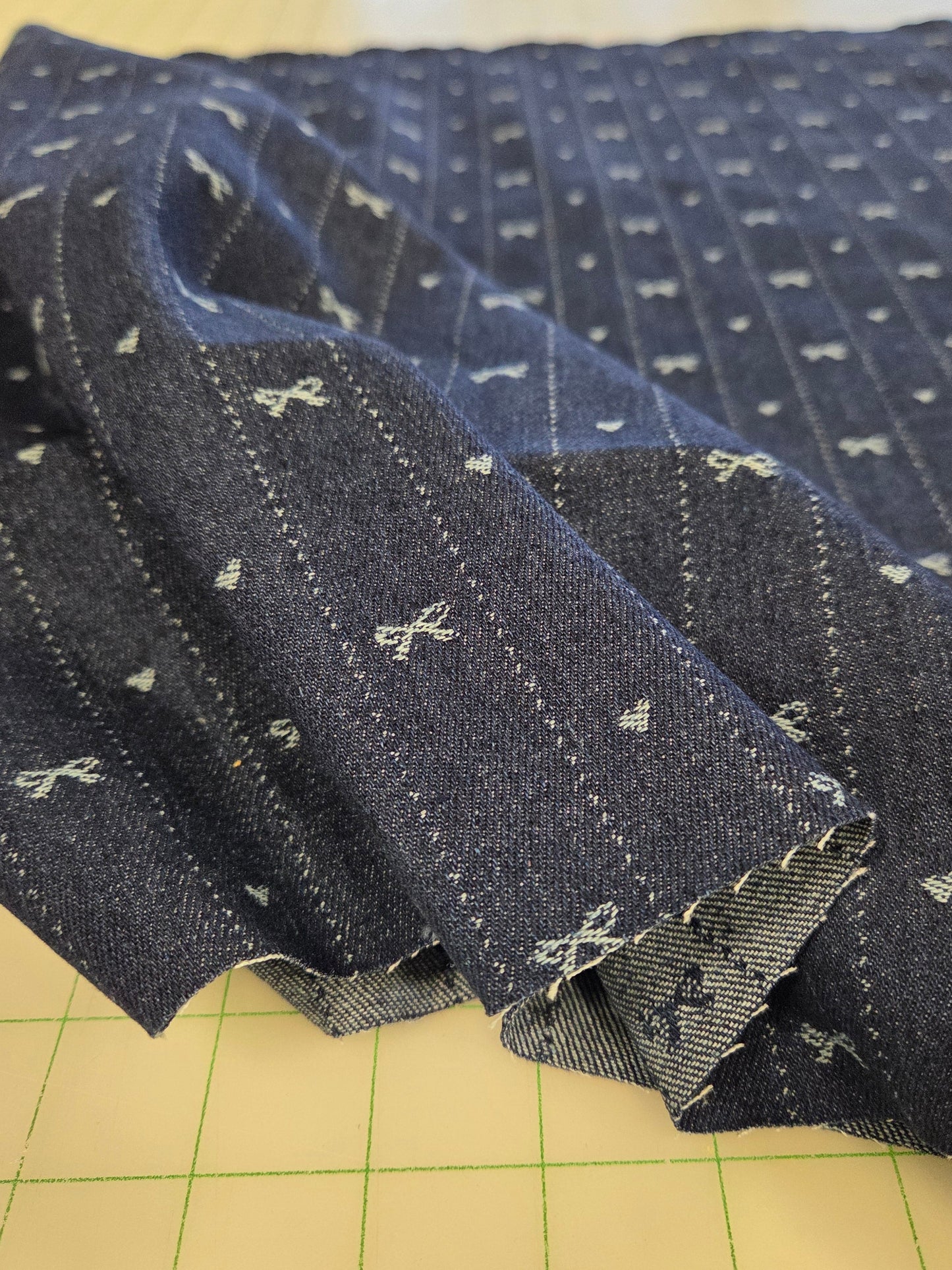 Jacquard Dark Blue Denim Cotton Blend Micro Stripes with Bows and Hearts Woven 10.18oz- by the yard