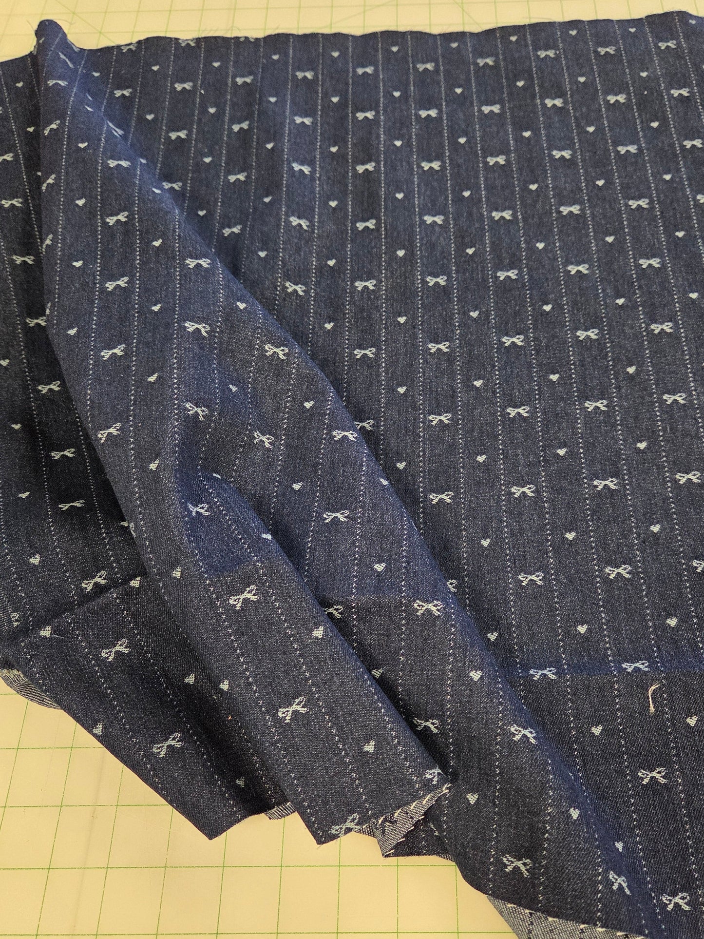 Jacquard Dark Blue Denim Cotton Blend Micro Stripes with Bows and Hearts Woven 10.18oz- by the yard