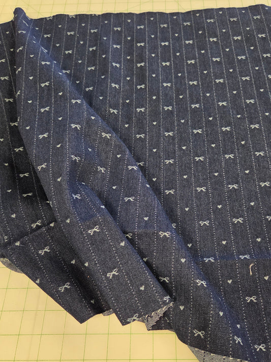Jacquard Dark Blue Denim Cotton Blend Micro Stripes with Bows and Hearts Woven 10.18oz- by the yard
