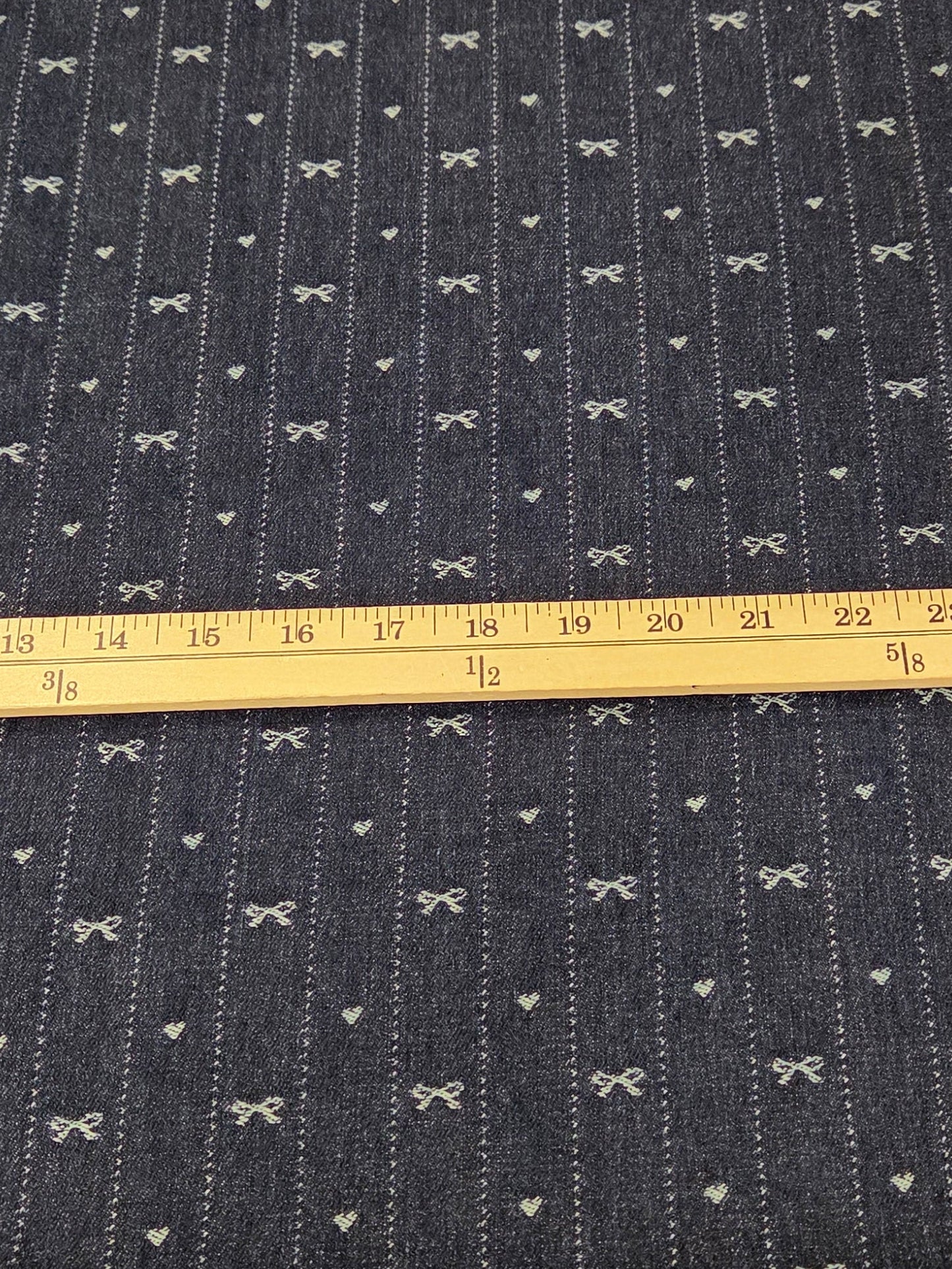 Jacquard Dark Blue Denim Cotton Blend Micro Stripes with Bows and Hearts Woven 10.18oz- by the yard