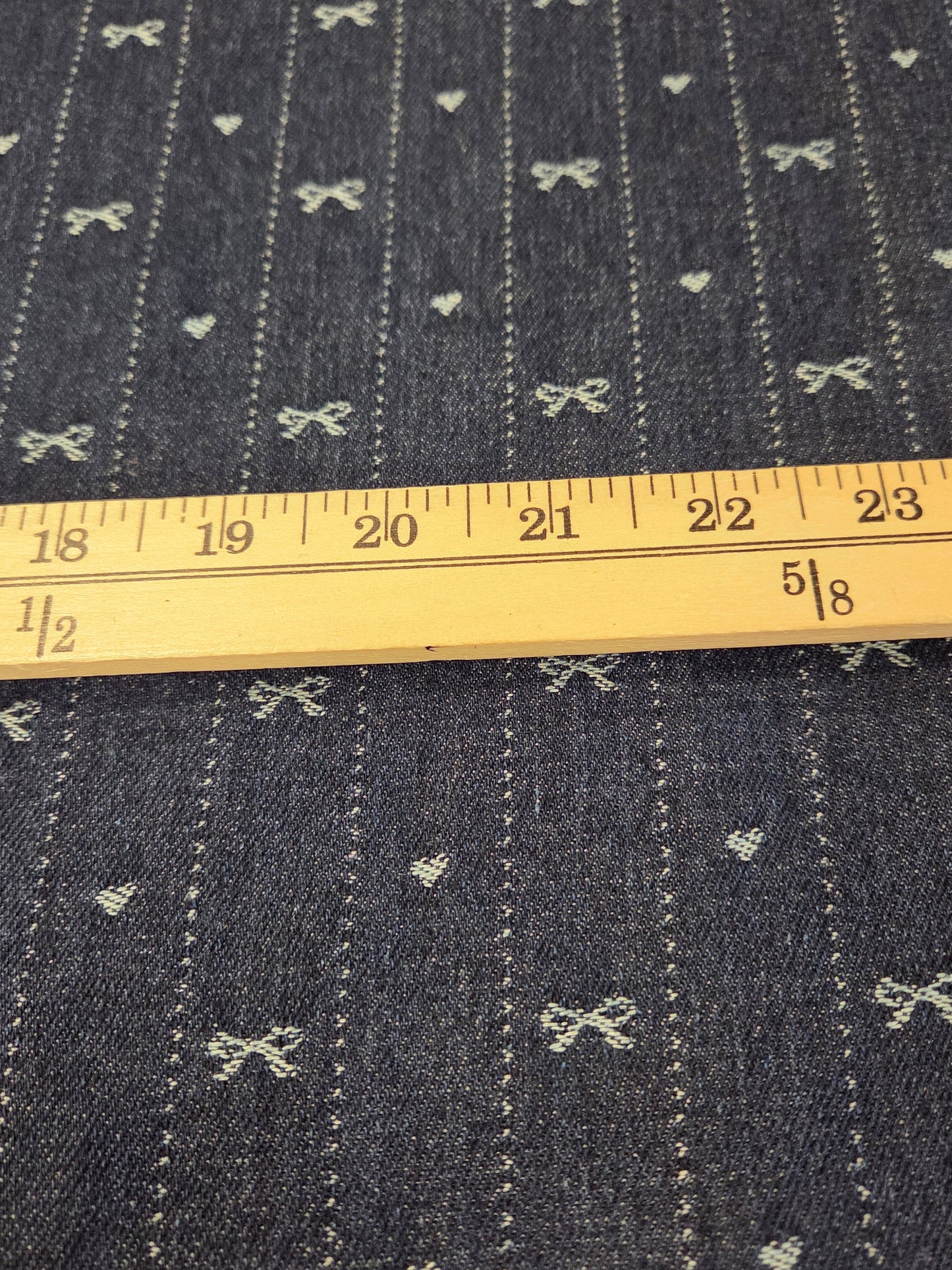 Jacquard Dark Blue Denim Cotton Blend Micro Stripes with Bows and Hearts Woven 10.18oz- by the yard