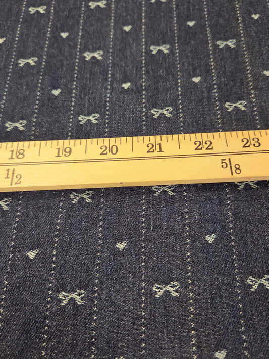 Jacquard Dark Blue Denim Cotton Blend Micro Stripes with Bows and Hearts Woven 10.18oz- by the yard