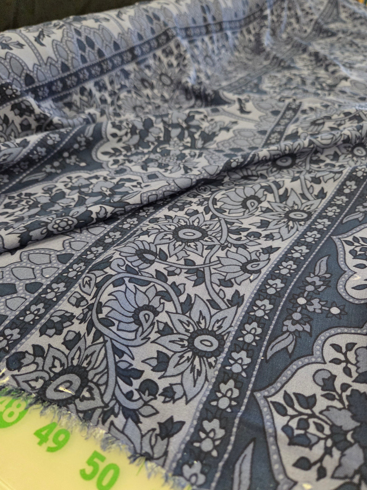 Designer Deadstock Rayon Voile Bohemian Blue Floral And Paisley Woven- by the yard