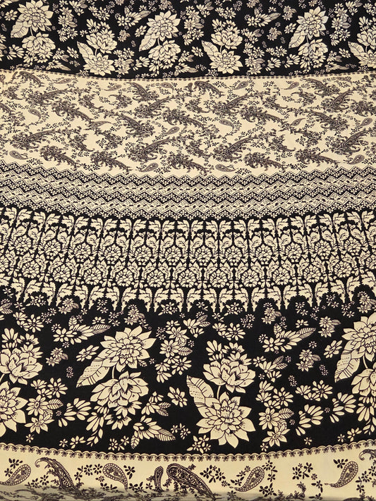 Designer Deadstock Bohemian Rayon Twill Black and Cream Floral and Paisleys Woven-by the yard