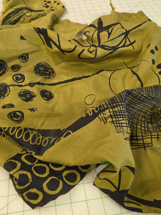 Designer Deadstock  Black Chartreuse Art Circle and Squiggle Abstract 100% Linen Matte Woven by the yard