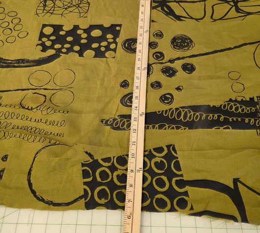 Designer Deadstock  Black Chartreuse Art Circle and Squiggle Abstract 100% Linen Matte Woven by the yard