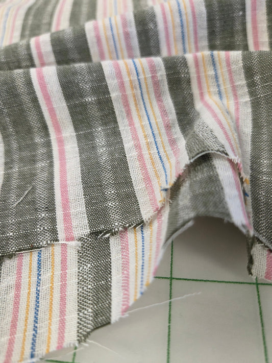 Designer Deadstock Multi-Stripe Linen Rayon Multi Stripe Pink and Olive Woven-by the yard