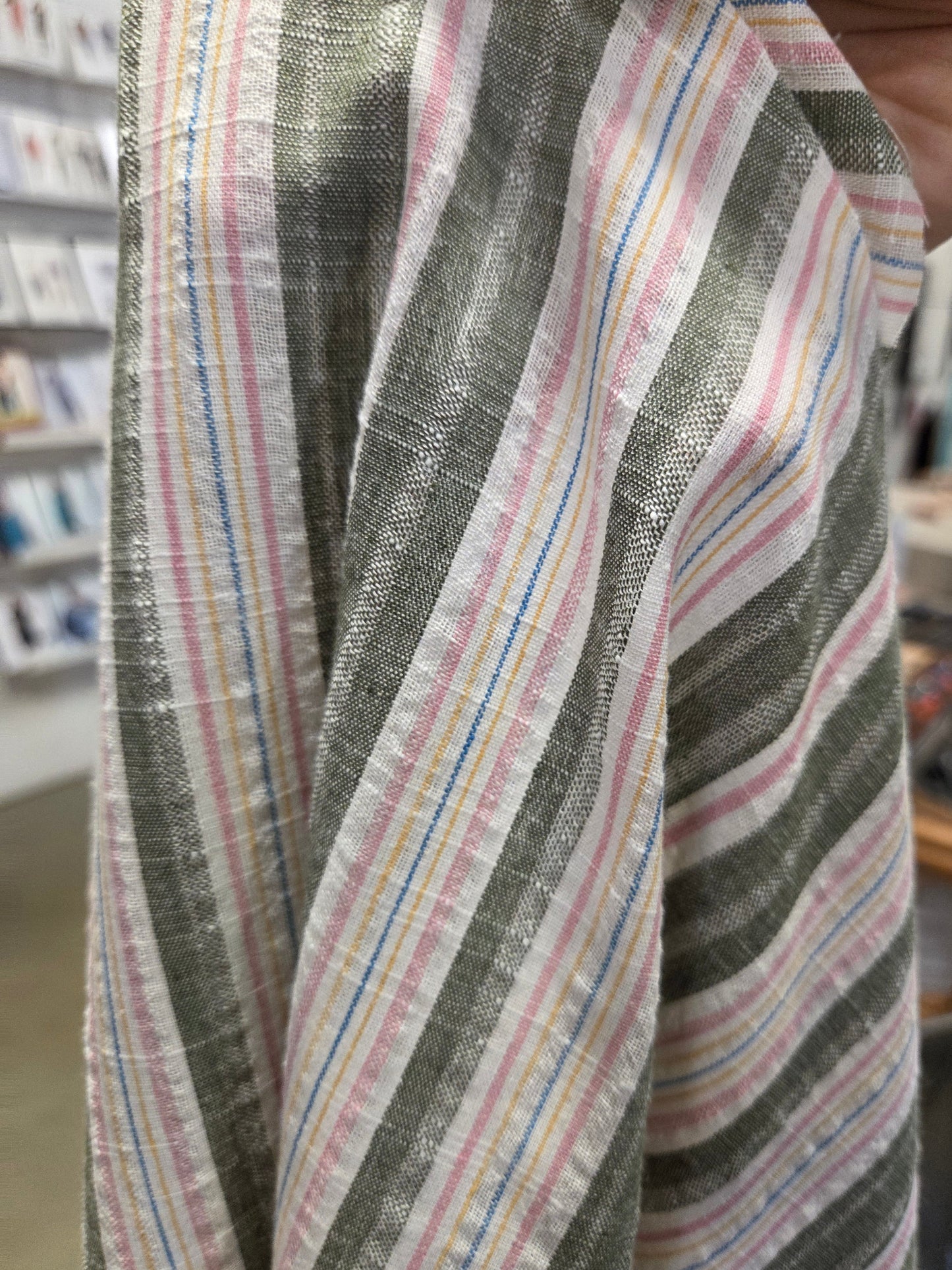 Designer Deadstock Multi-Stripe Linen Rayon Multi Stripe Pink and Olive Woven-by the yard