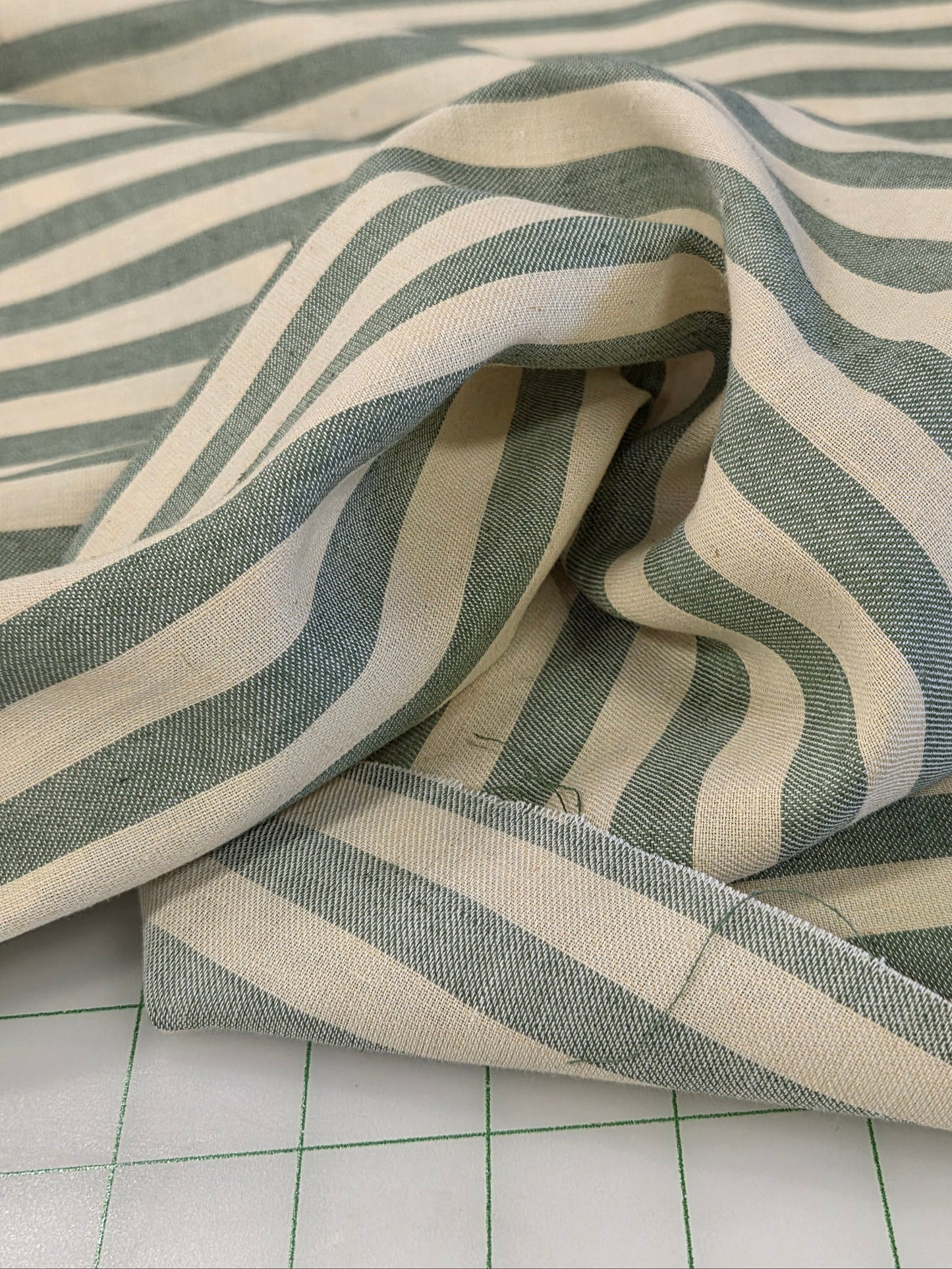 Designer Deadstock Cotton Linen Green and Muted Yellow Horizontal Stripe Woven- by the yard