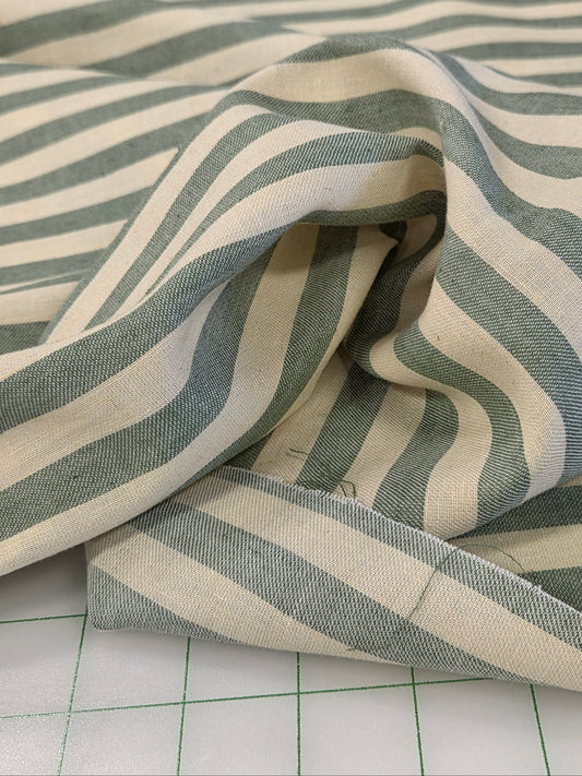 Designer Deadstock Cotton Linen Green and Muted Yellow Horizontal Stripe Woven- by the yard