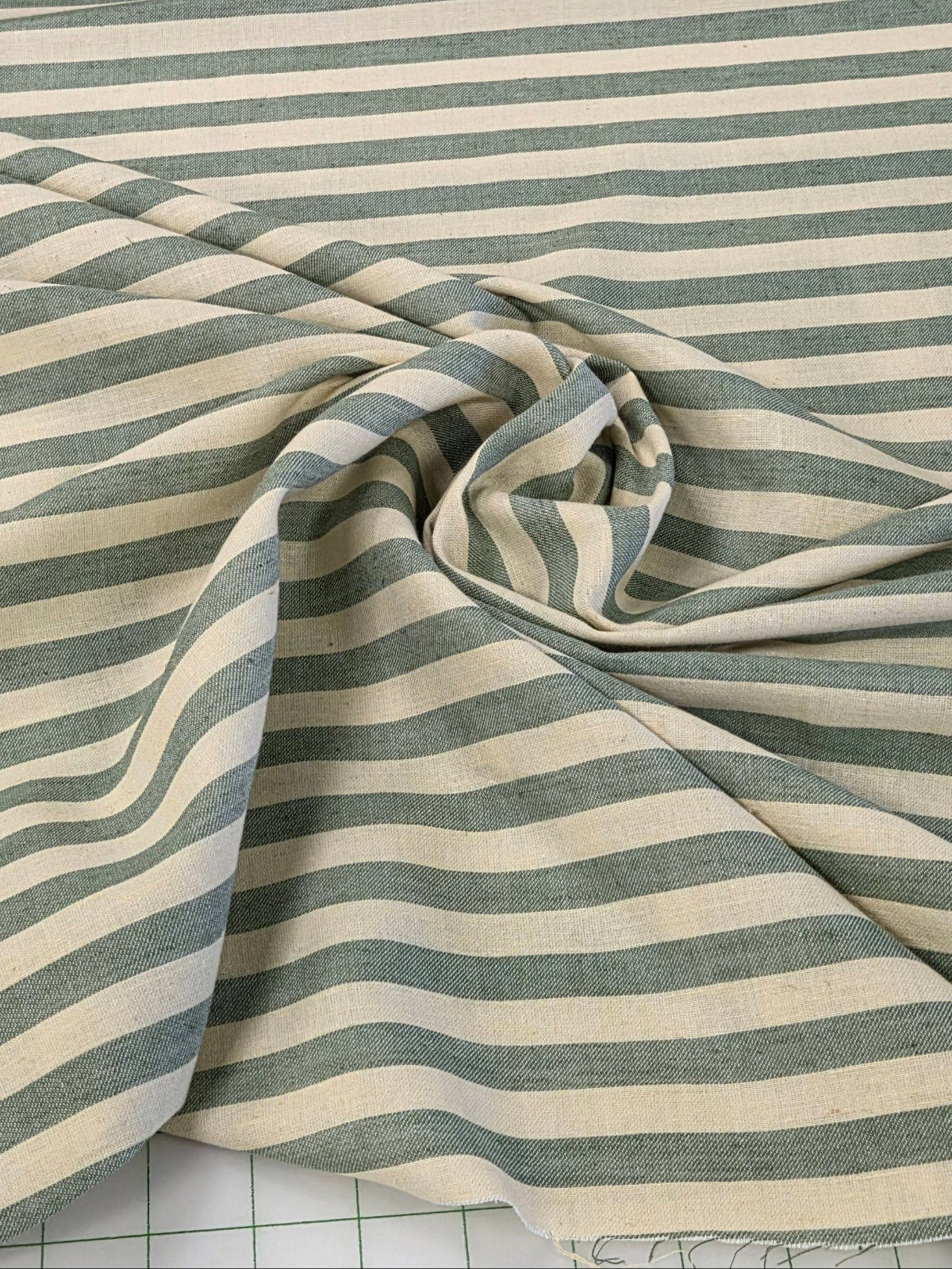 Designer Deadstock Cotton Linen Green and Muted Yellow Horizontal Stripe Woven- by the yard