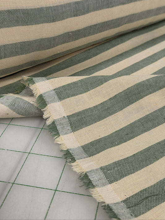 Designer Deadstock Cotton Linen Green and Muted Yellow Horizontal Stripe Woven- by the yard