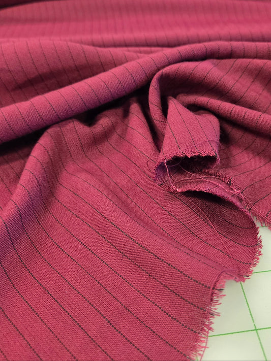 Designer Deadstock Burgundy with Vertical Micro Stripe Black Linen Woven- by the yard