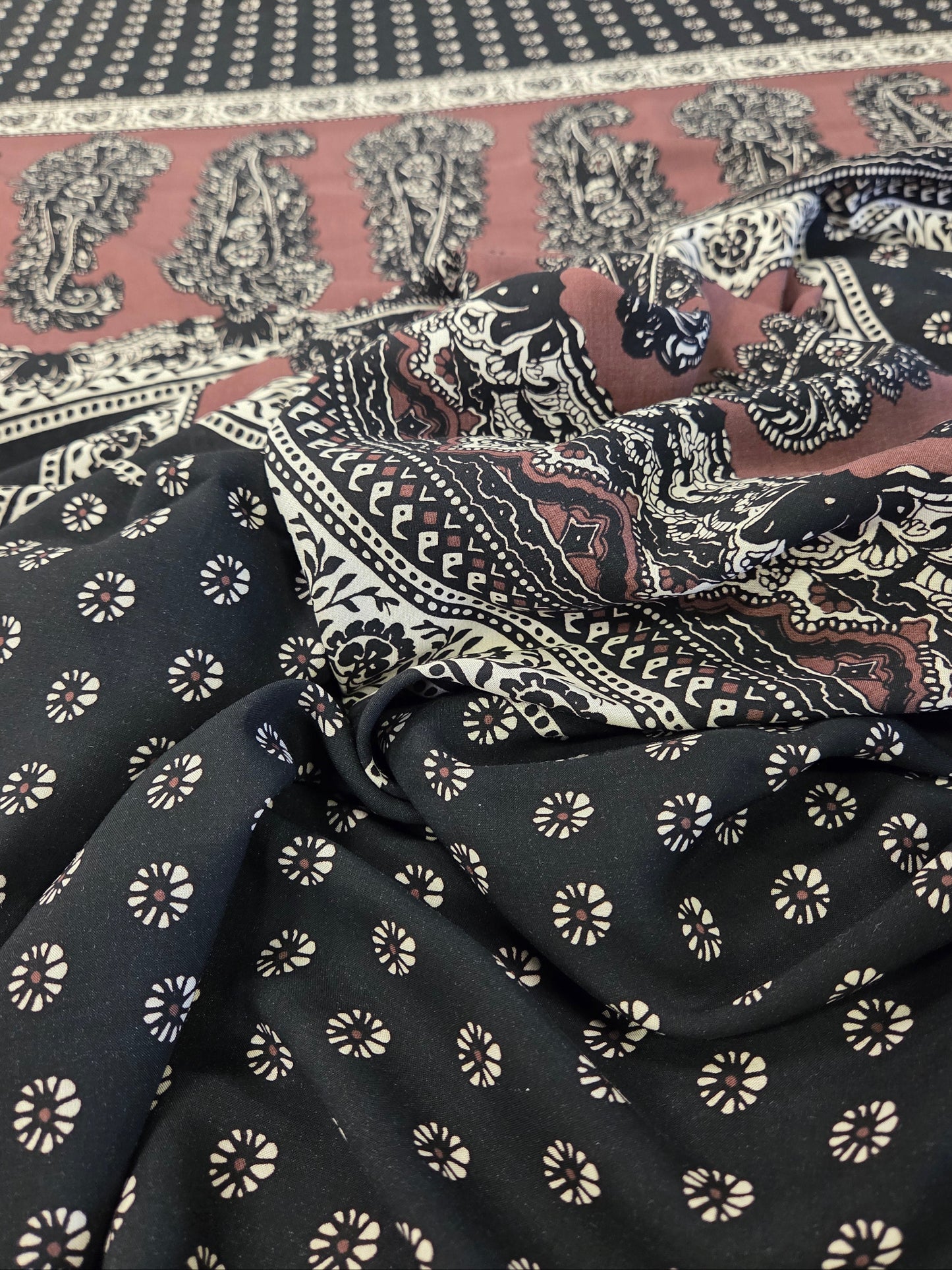 Designer Deadstock Bohemian Paisley Brown and Black Rayon Voile Woven-by the yard