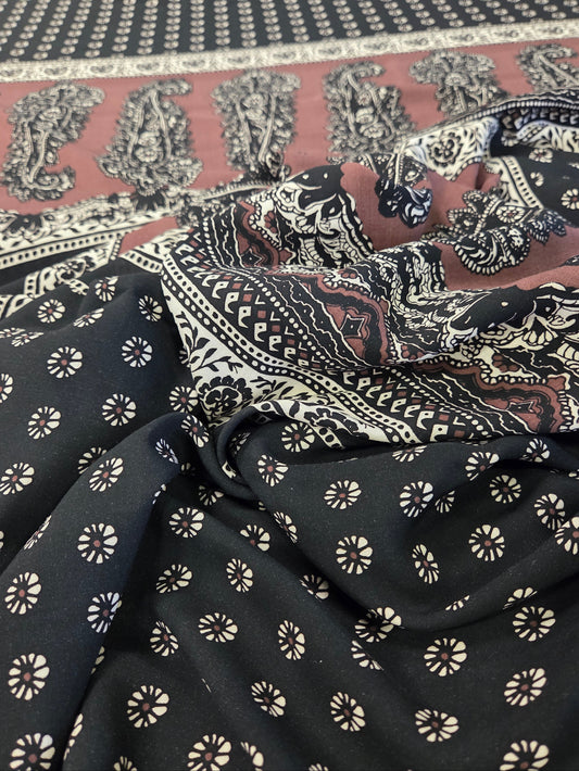 Designer Deadstock Bohemian Paisley Brown and Black Rayon Voile Woven-by the yard