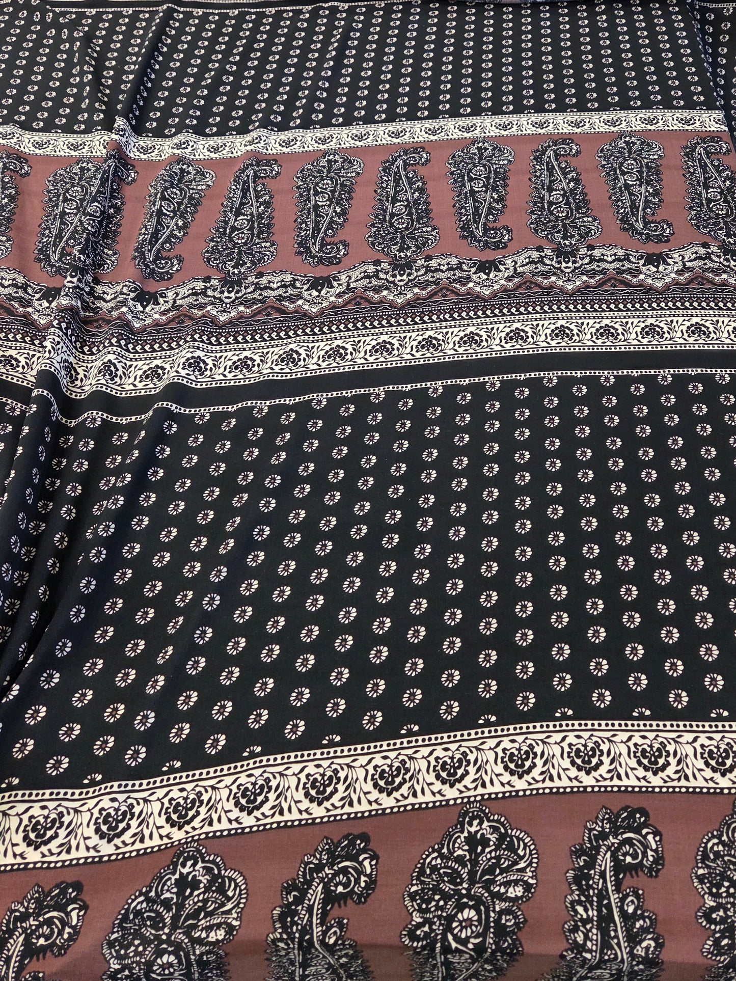 Designer Deadstock Bohemian Paisley Brown and Black Rayon Voile Woven-by the yard