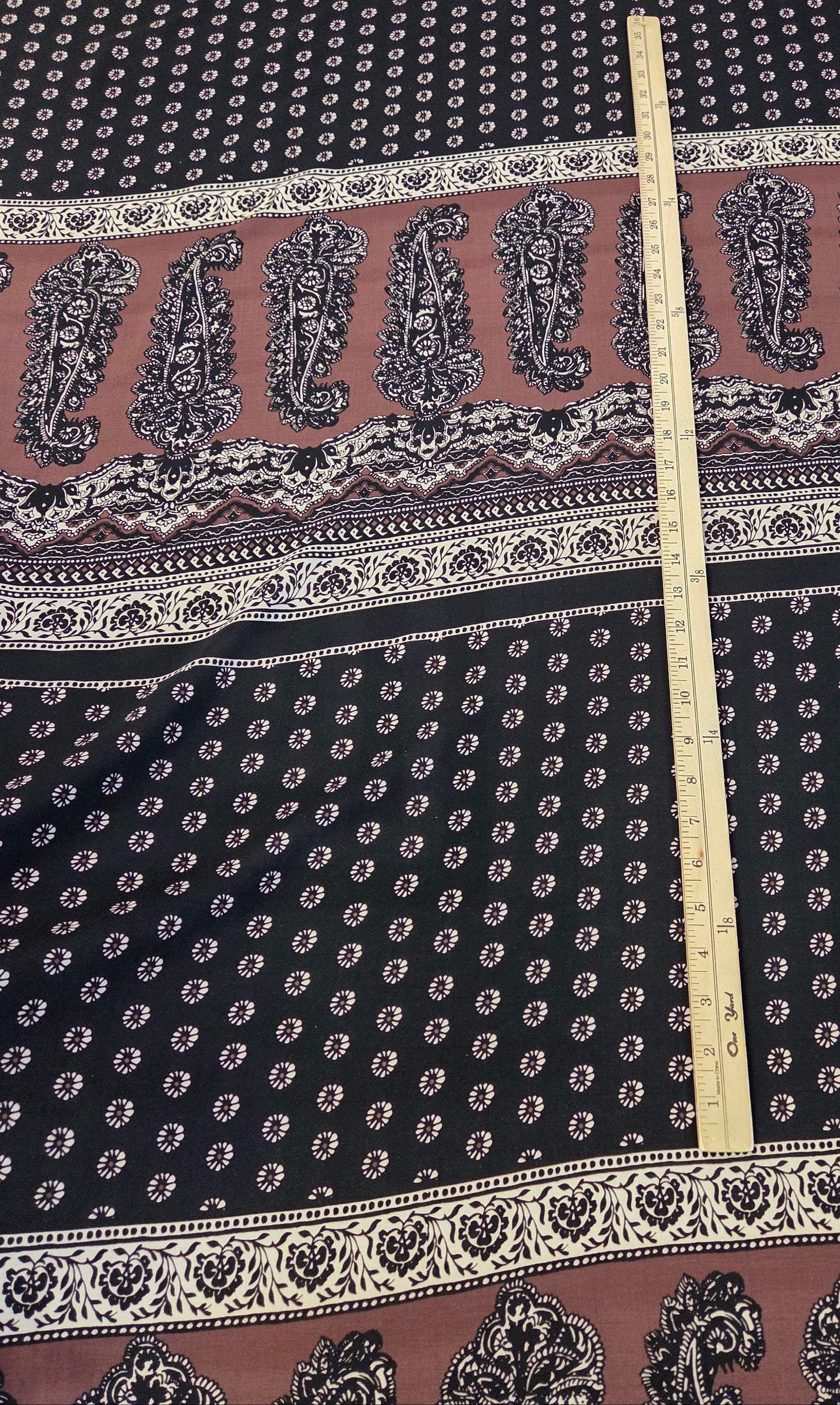Designer Deadstock Bohemian Paisley Brown and Black Rayon Voile Woven-by the yard