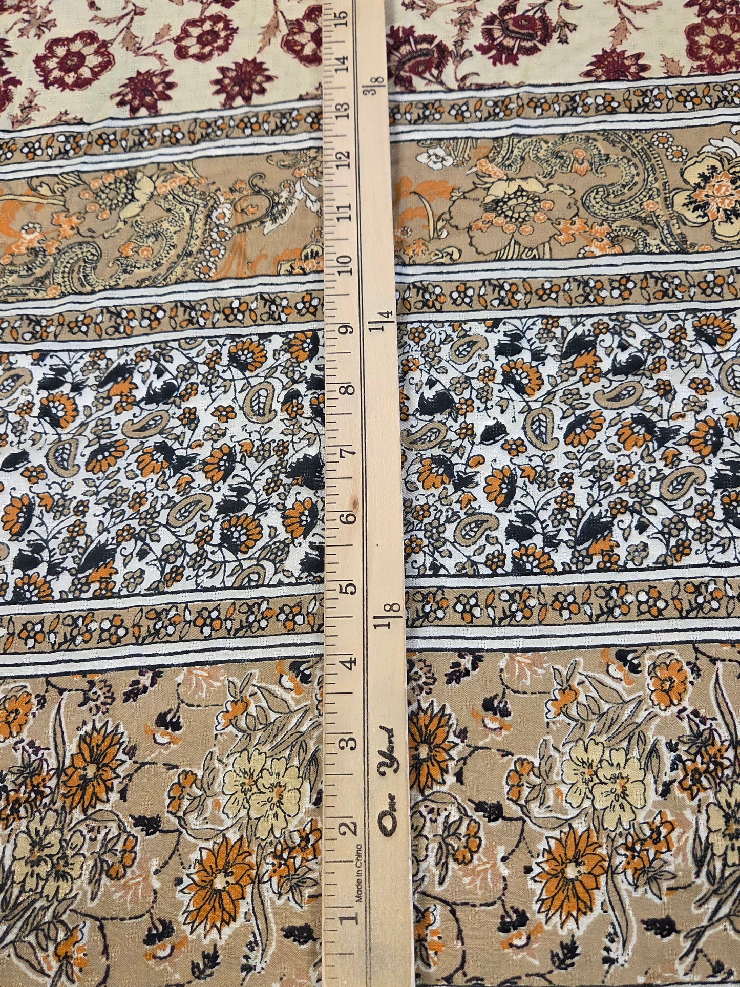 Designer Deadstock Textured Clip Dot Bohemian Floral Orange Beige and Navy Voile Woven- by the yard